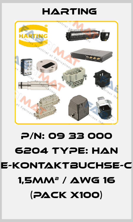 P/N: 09 33 000 6204 Type: Han E-Kontaktbuchse-c 1,5mm² / AWG 16 (pack x100) Harting