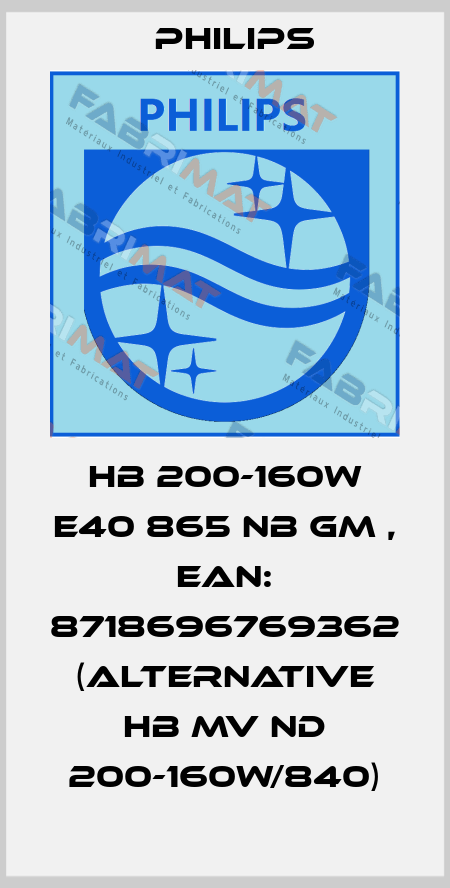 HB 200-160W E40 865 NB GM , EAN: 8718696769362 (alternative HB MV ND 200-160W/840) Philips