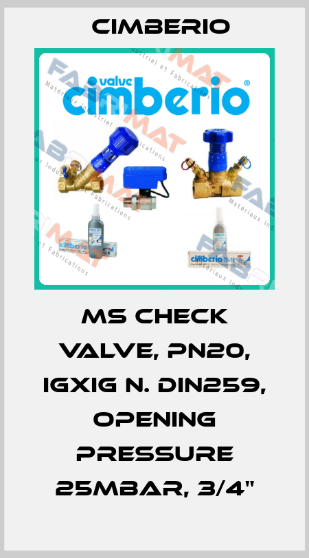 MS check valve, PN20, IGXiG n. DIN259, opening pressure 25mbar, 3/4" Cimberio