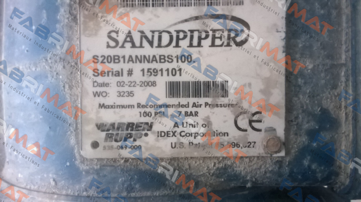 S20B1ANNABS100, SN:1591101 REPLACED BY S20B1ABBABS600  Sandpiper