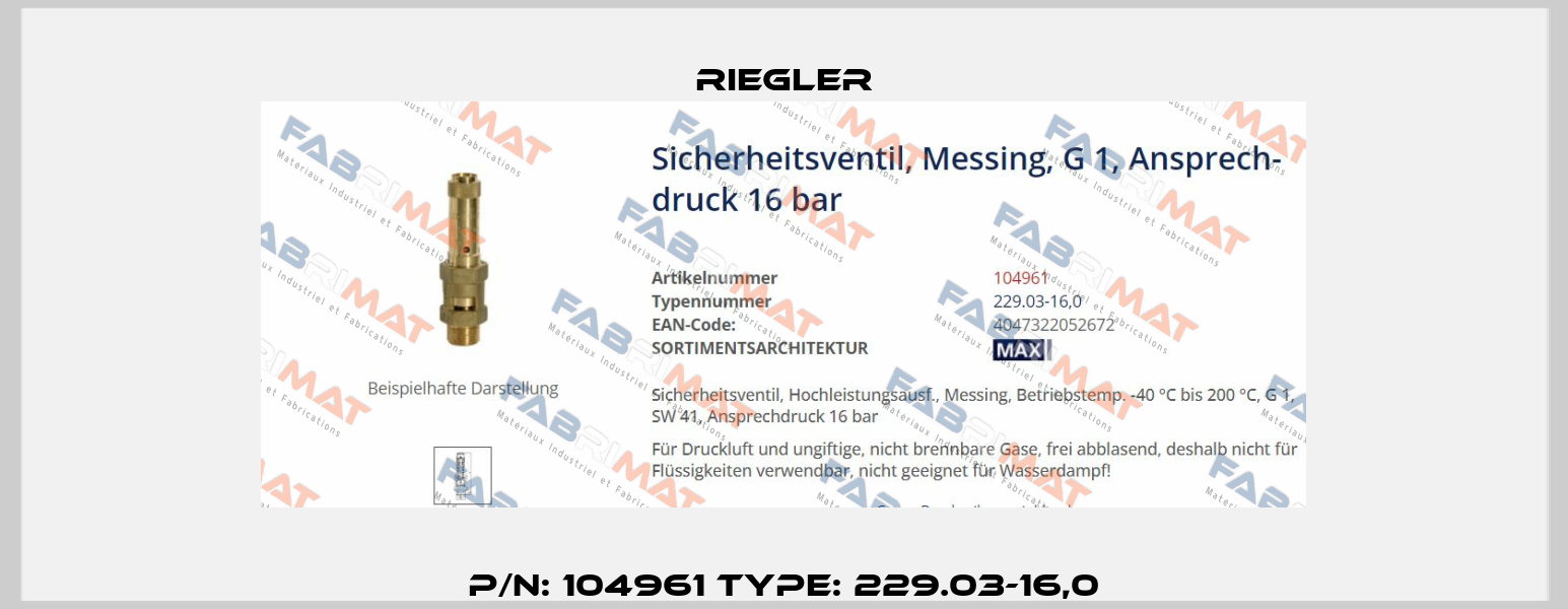 P/N: 104961 Type: 229.03-16,0 Riegler